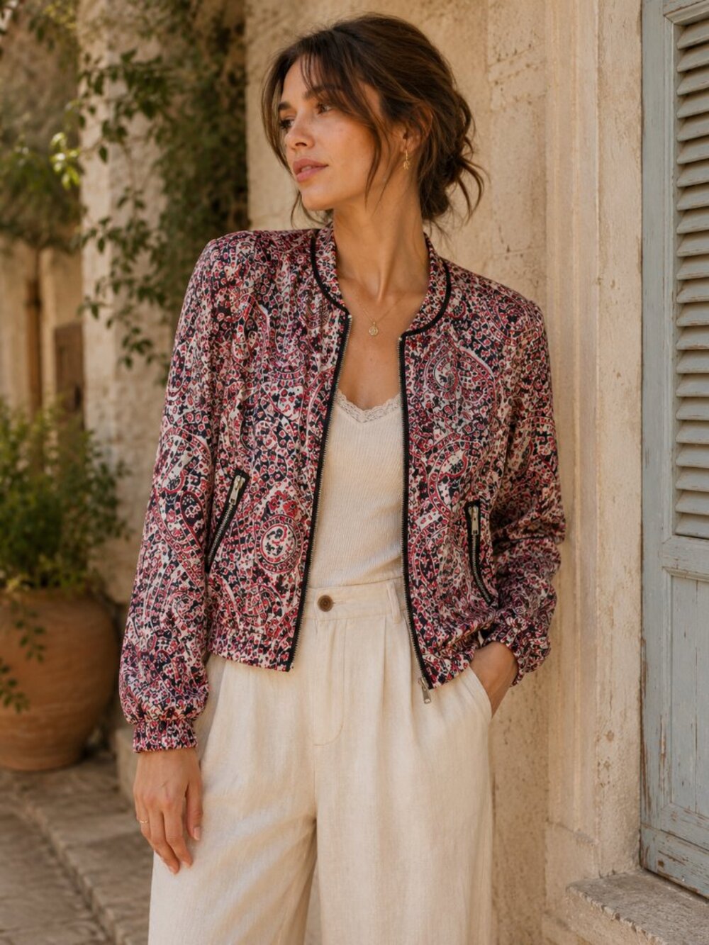 Mango MNG Bomber Jacket Womens S Red Paisley Cropped Zip Boho Y2K Festival